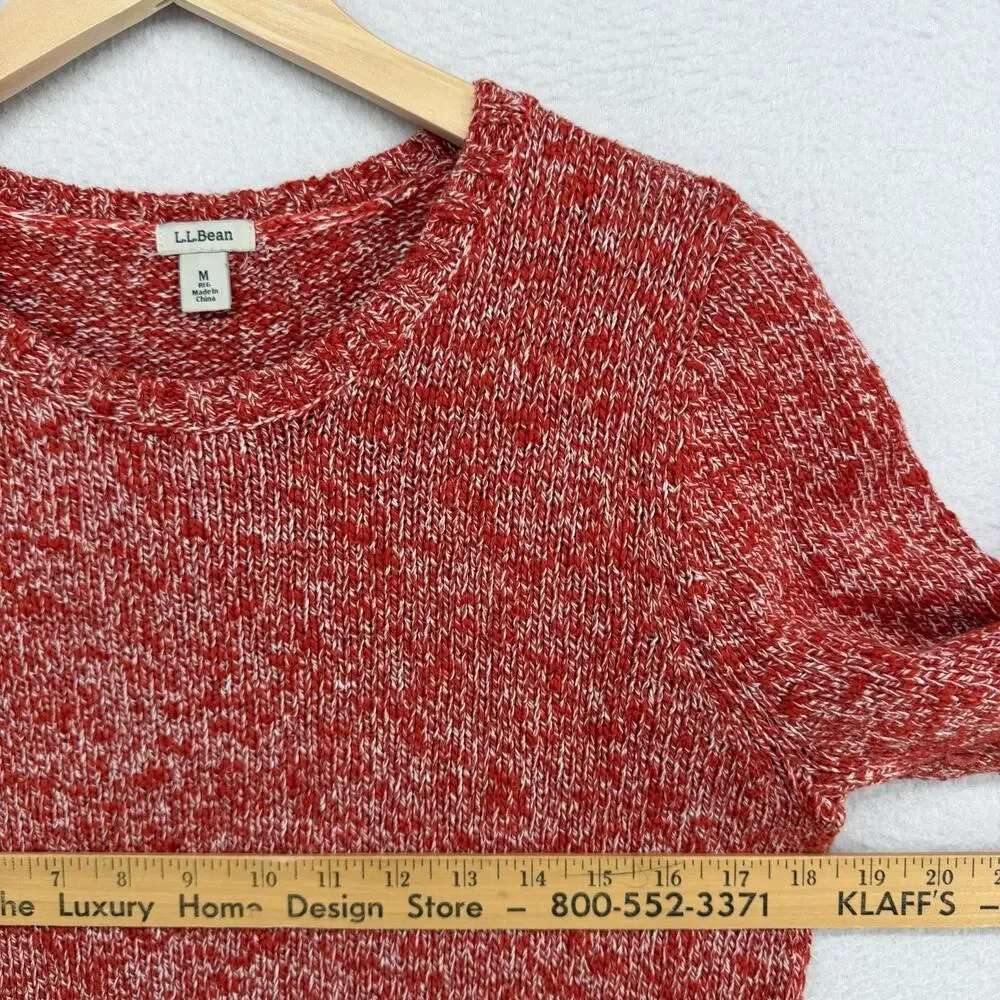 LL BEAN Sweater Womens M Cotton Ragg Pullover Crew Neck Jumper Marled Red